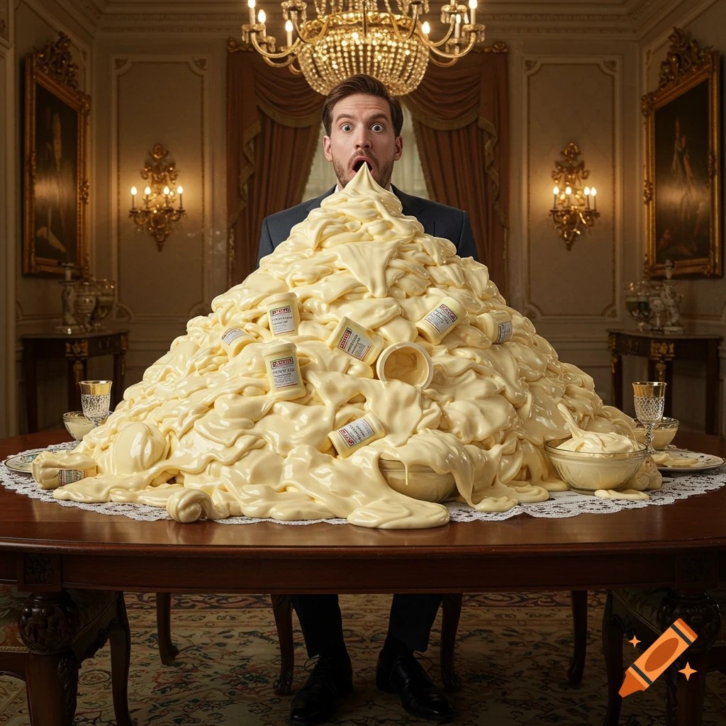 A man with a wide-eyed expression is submerged in an enormous pile of mayonnaise on a fancy dining table in a luxurious room. Photorealistic.