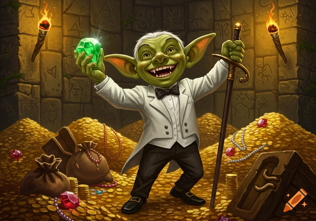 A grinning green goblin in a white tuxedo stands triumphant in a cave filled with gold and jewels, holding a glowing emerald and a cane sword.