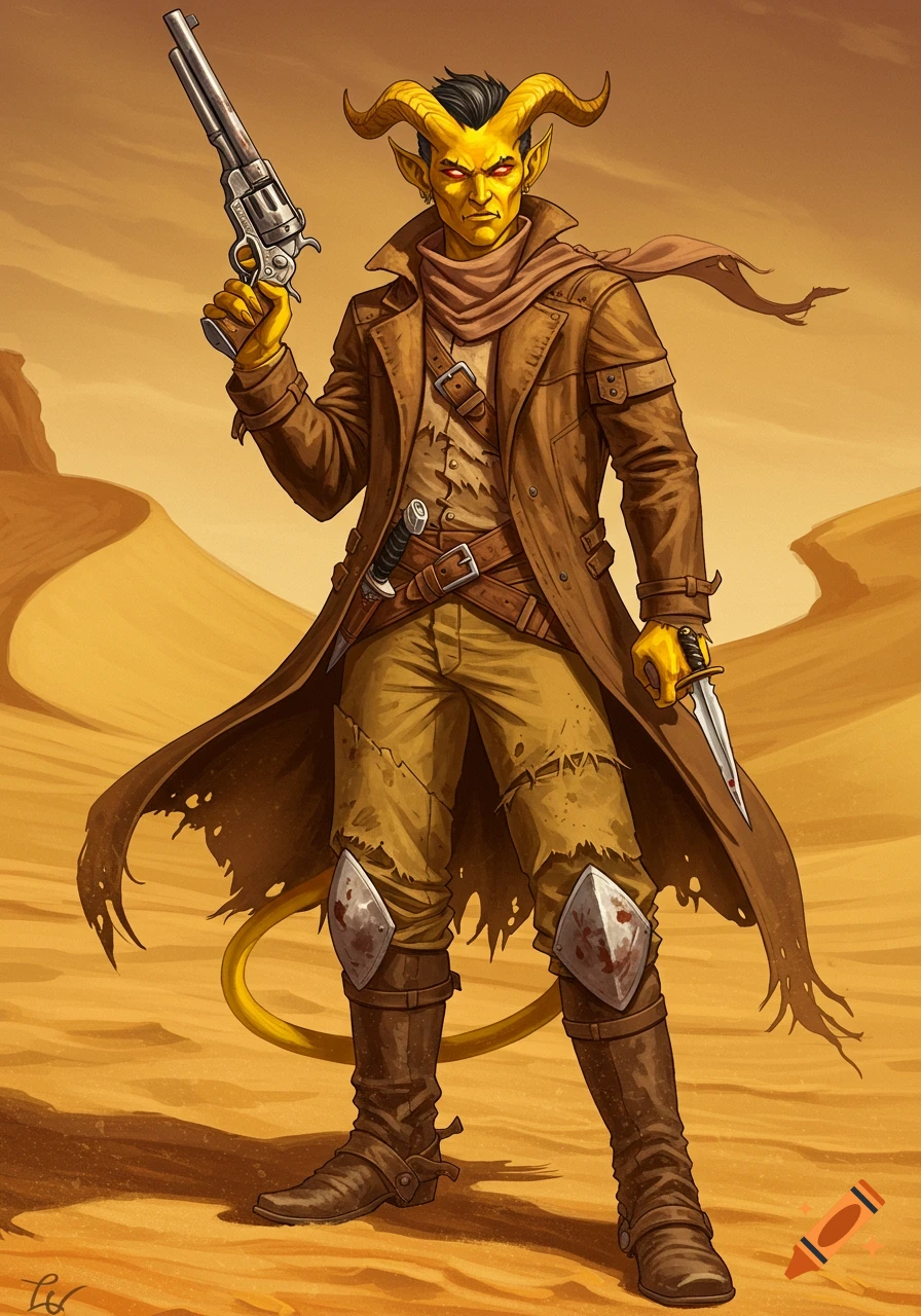 A yellow-skinned Tiefling in a duster coat, scruffy clothes, and boots stands in a desert, holding a revolver and a dagger.