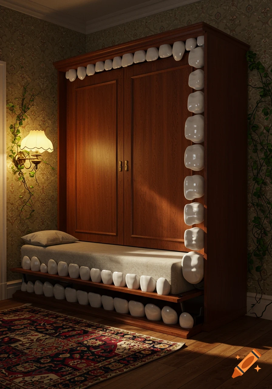 Photorealistic image of a room with a wooden Murphy bed and wardrobe, both decorated with rows of human-like teeth. A rug and wall lamp are visible.