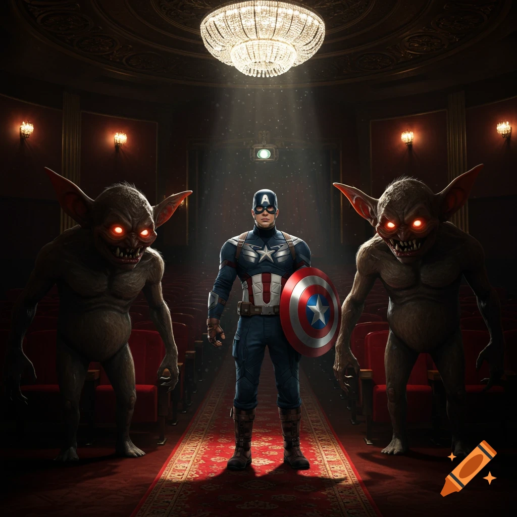 Captain America stands in a dimly lit, ornate cinema aisle between two red-eyed, goblin-like monsters, holding his shield.
