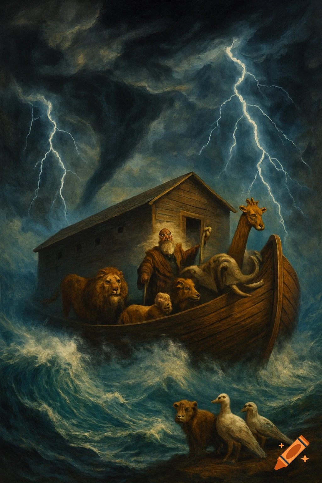 A dramatic painting of Noah's Ark in a raging storm with lightning, carrying Noah and various animals on turbulent waves.
