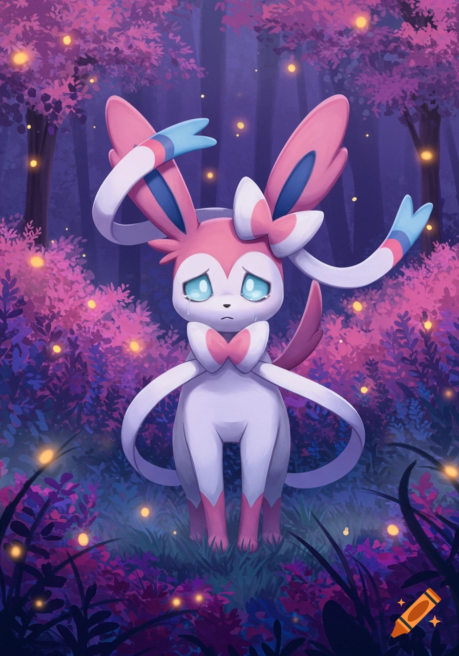 A sad Sylveon cries in a glowing purple and pink fantasy forest.