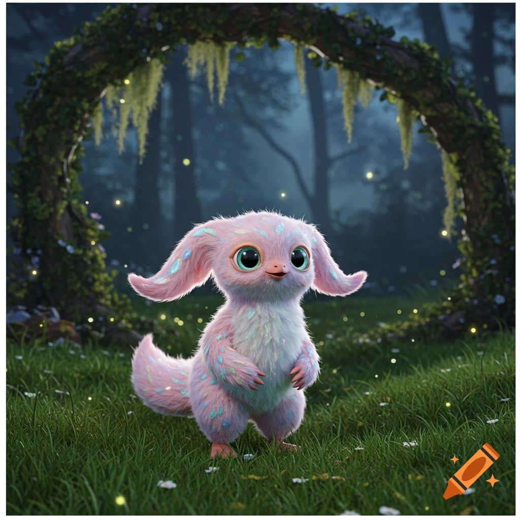A cute, fluffy pink creature with big green eyes and long floppy ears stands in a mystical forest with glowing fireflies.