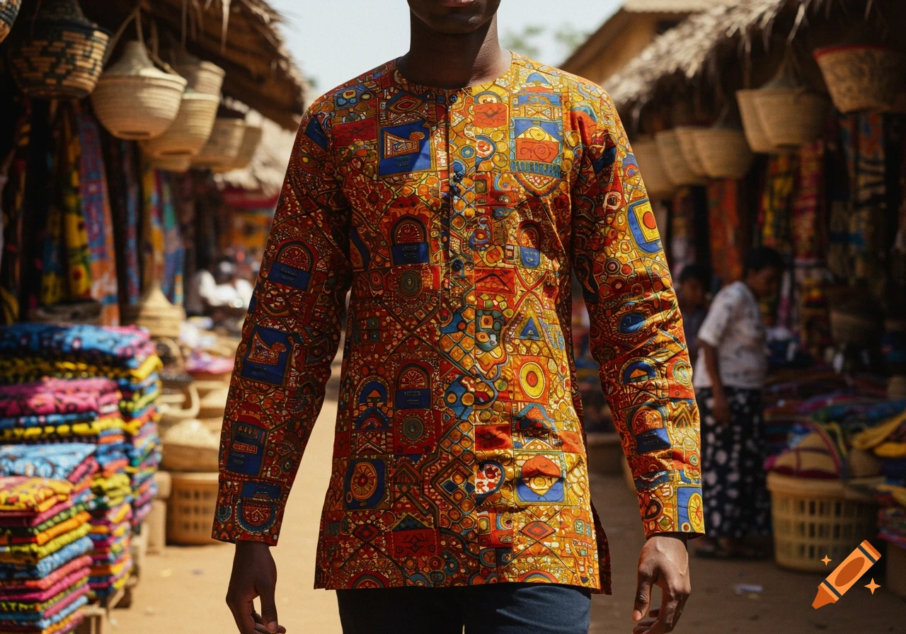 A person wears a vibrant, long-sleeved African print shirt in a bustling outdoor market.