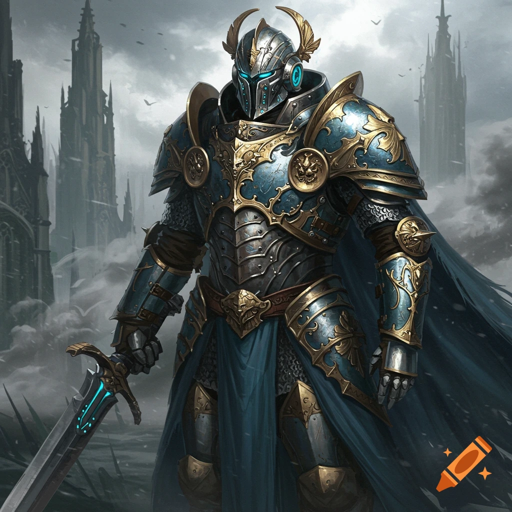 Majestic knight in ornate blue and gold power armor holding a glowing sword, standing before dark gothic castles.