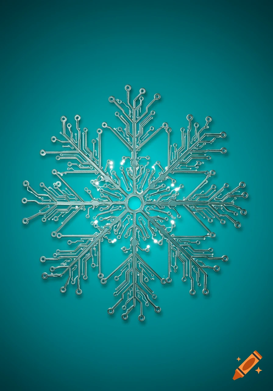 A metallic circuit board designed like a snowflake, with glowing points, on a gradient cyan background.