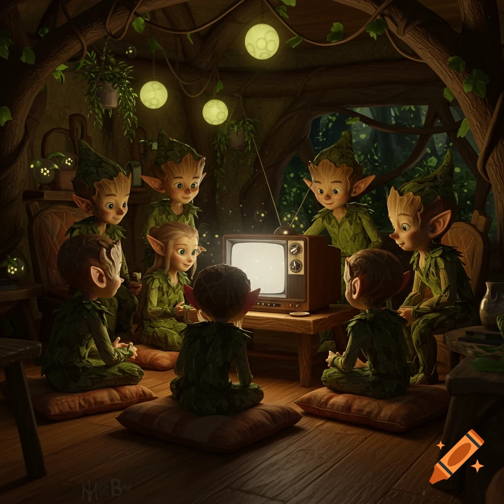 A group of stylized wood elves in a cozy, treehouse-like room watching a 1970s TV set on cushions.
