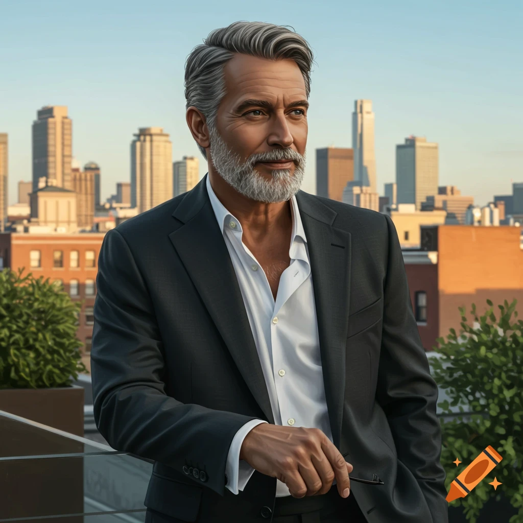 Photorealistic portrait of a distinguished man with grey hair and beard, wearing a dark suit and white shirt, on a city rooftop at sunset.
