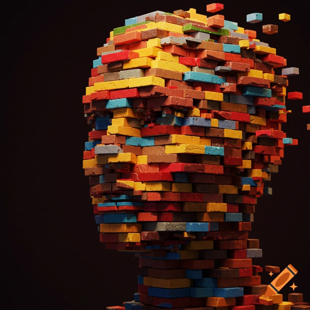 A human head in profile, made from colorful bricks and blocks, with some disintegrating on a dark background.