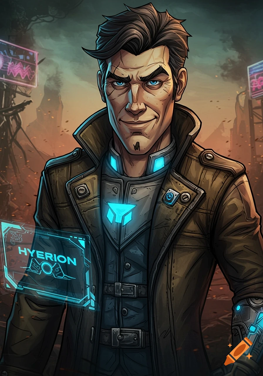 Cel-shaded portrait of Handsome Jack from Borderlands, a man in a trench coat with glowing blue tech, holding a 'HYPERION' display.