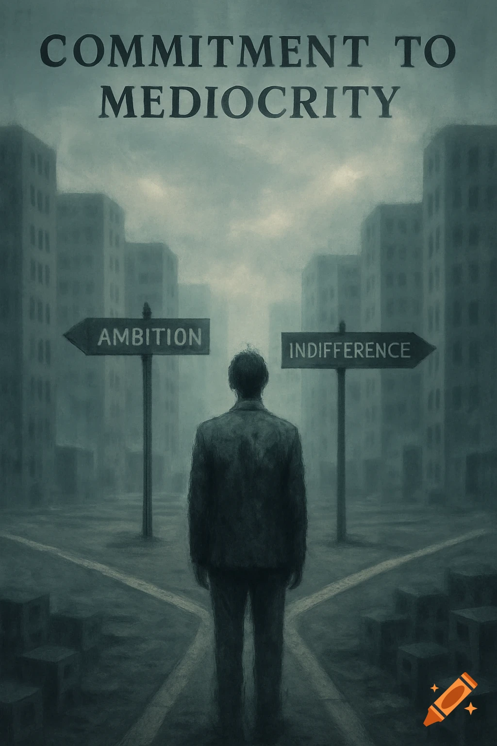 A person stands at a foggy city crossroads, facing signs for 'Ambition' and 'Indifference', with 'COMMITMENT TO MEDIOCRITY' text above. Dark, symbolic art.