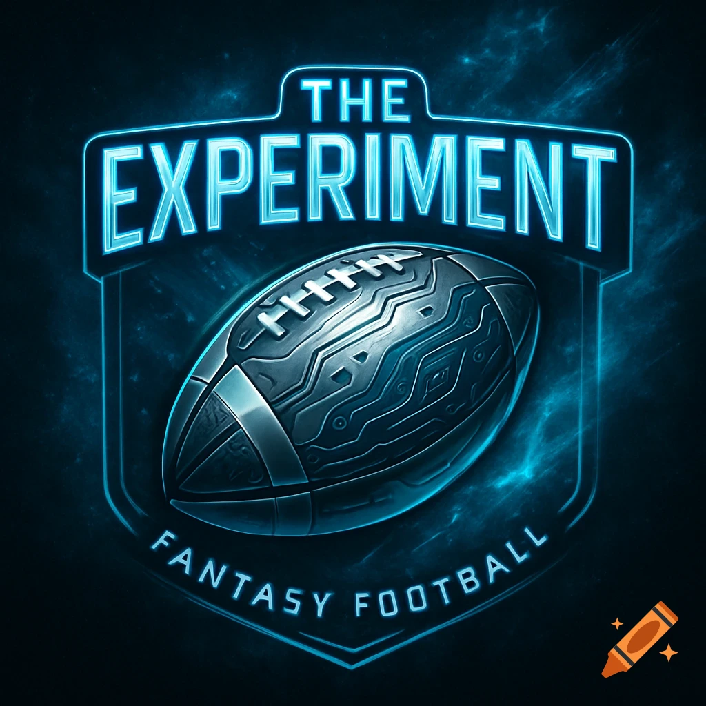 Digital art logo with a futuristic football, glowing blue text 'THE EXPERIMENT FANTASY FOOTBALL' on a dark background.