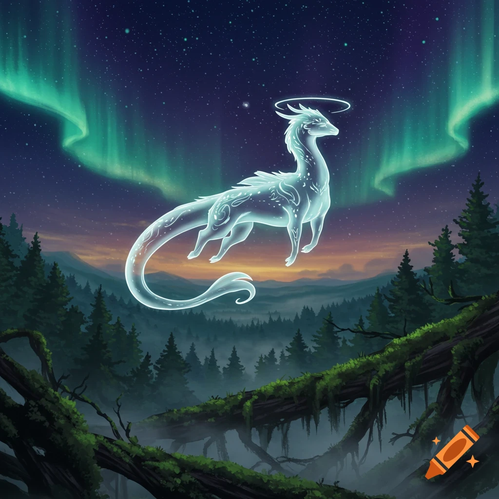 A glowing, ethereal dragon-like spirit animal with a halo floats under a vibrant aurora borealis over a mystical forest.