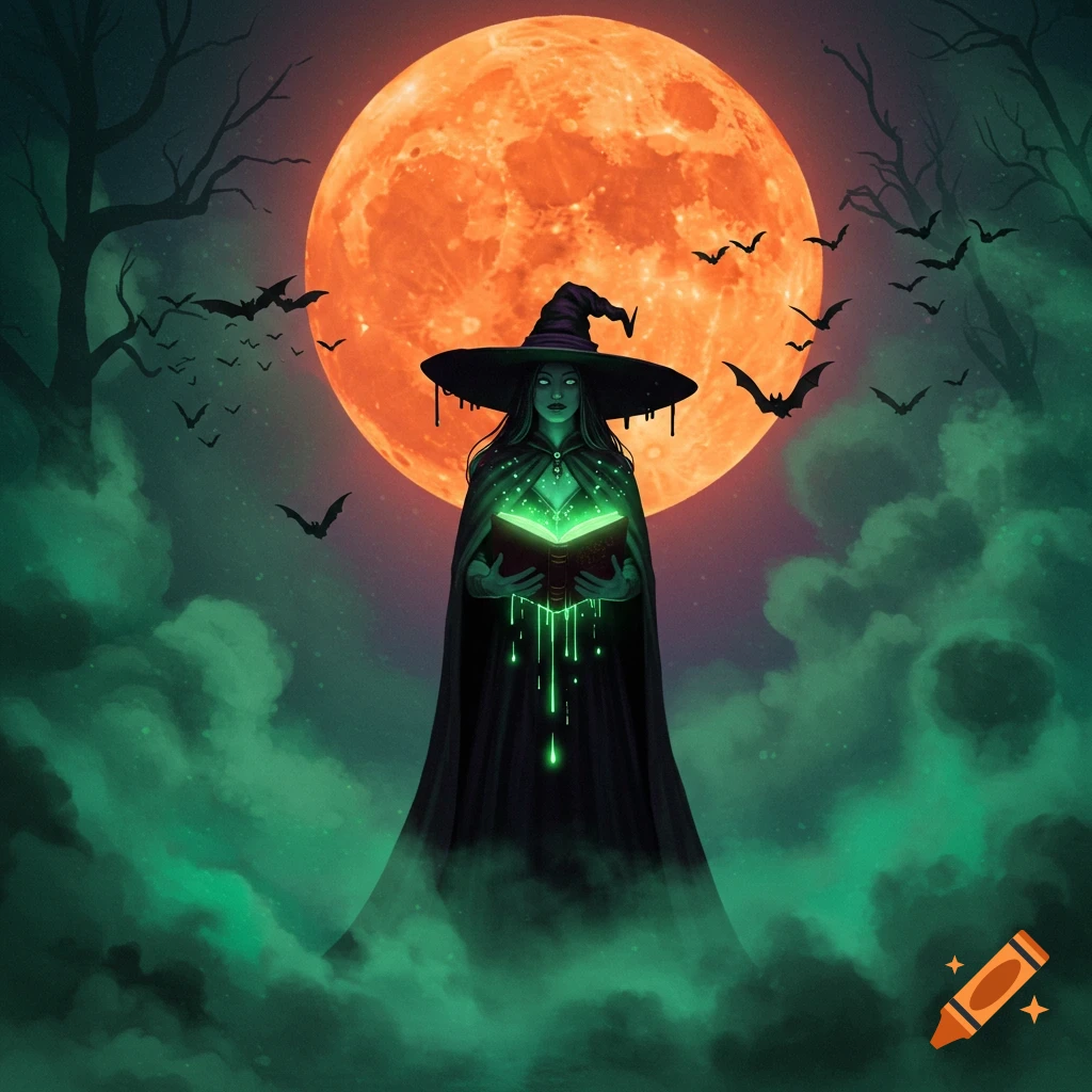 A witch in a pointed hat holds a glowing, dripping green spellbook under a huge orange moon, with bats and green mist.