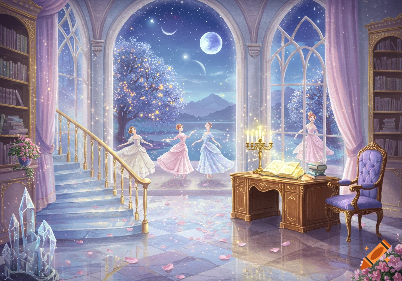 Four princesses in pastel gowns dance ballet in a sparkling fantasy palace open to a moonlit lake and glowing trees.