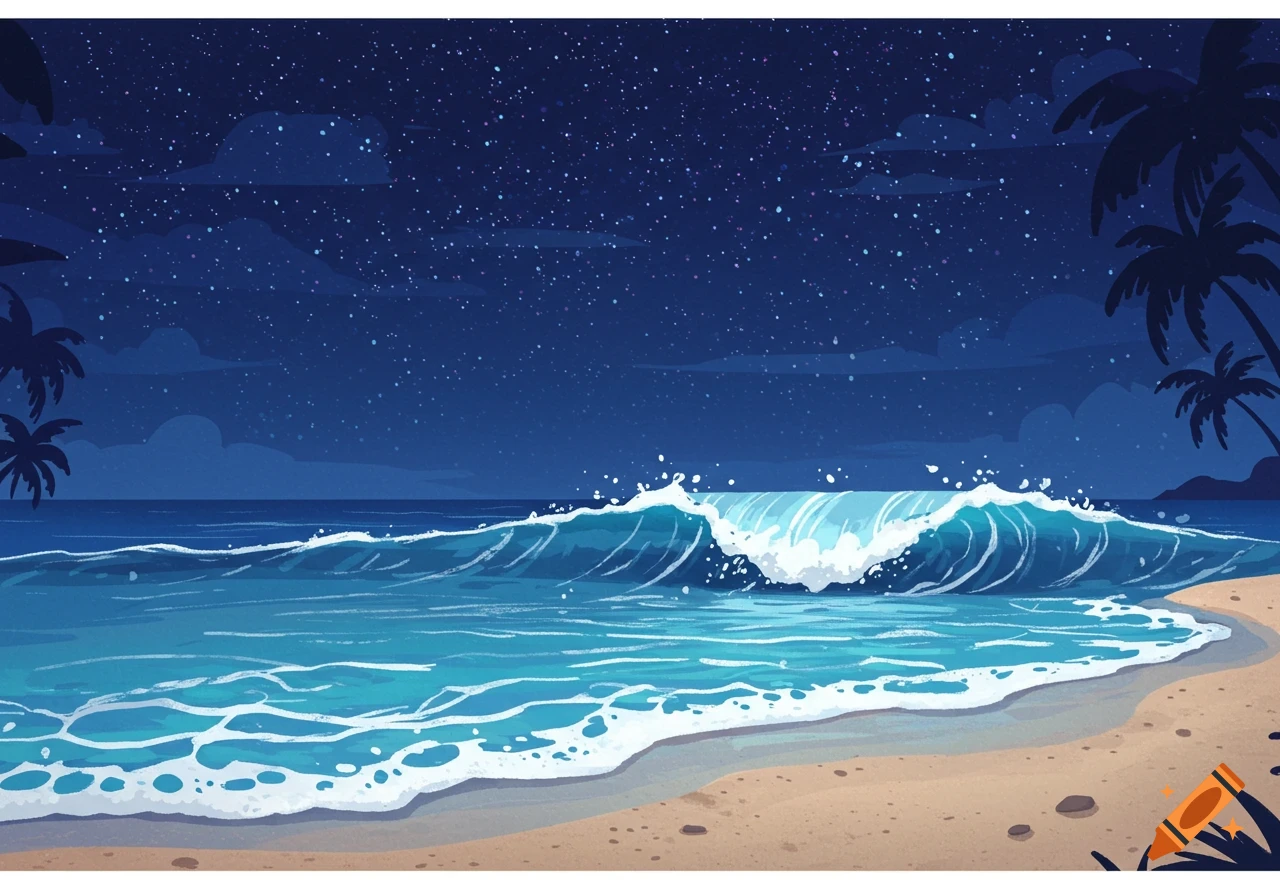 A vibrant cartoon illustration of a starry night sky over a tropical beach with blue waves crashing onto the sand, framed by palm trees.