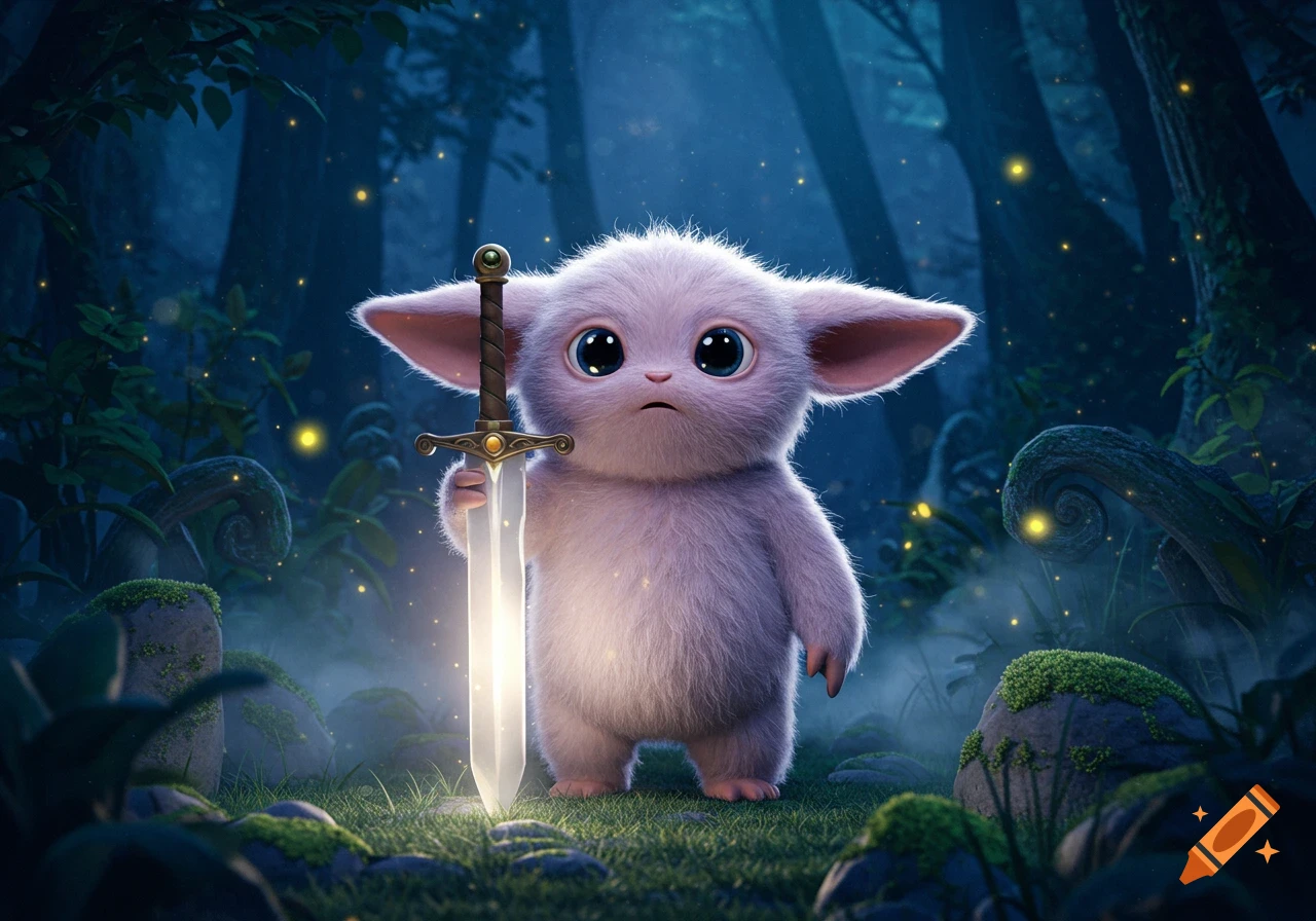 A cute, fluffy light purple creature with big eyes holds a glowing sword in a dark, mystical forest with fireflies.