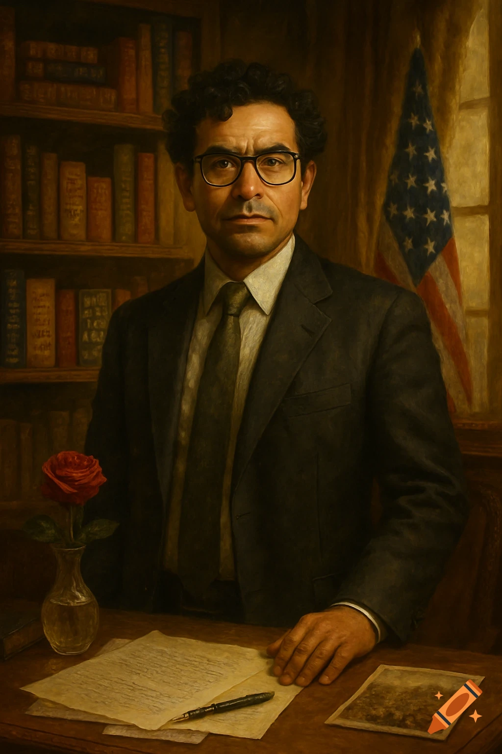 An oil painting portrait of a man with curly hair and glasses in a suit, standing in a library with an American flag and a red rose on a desk.