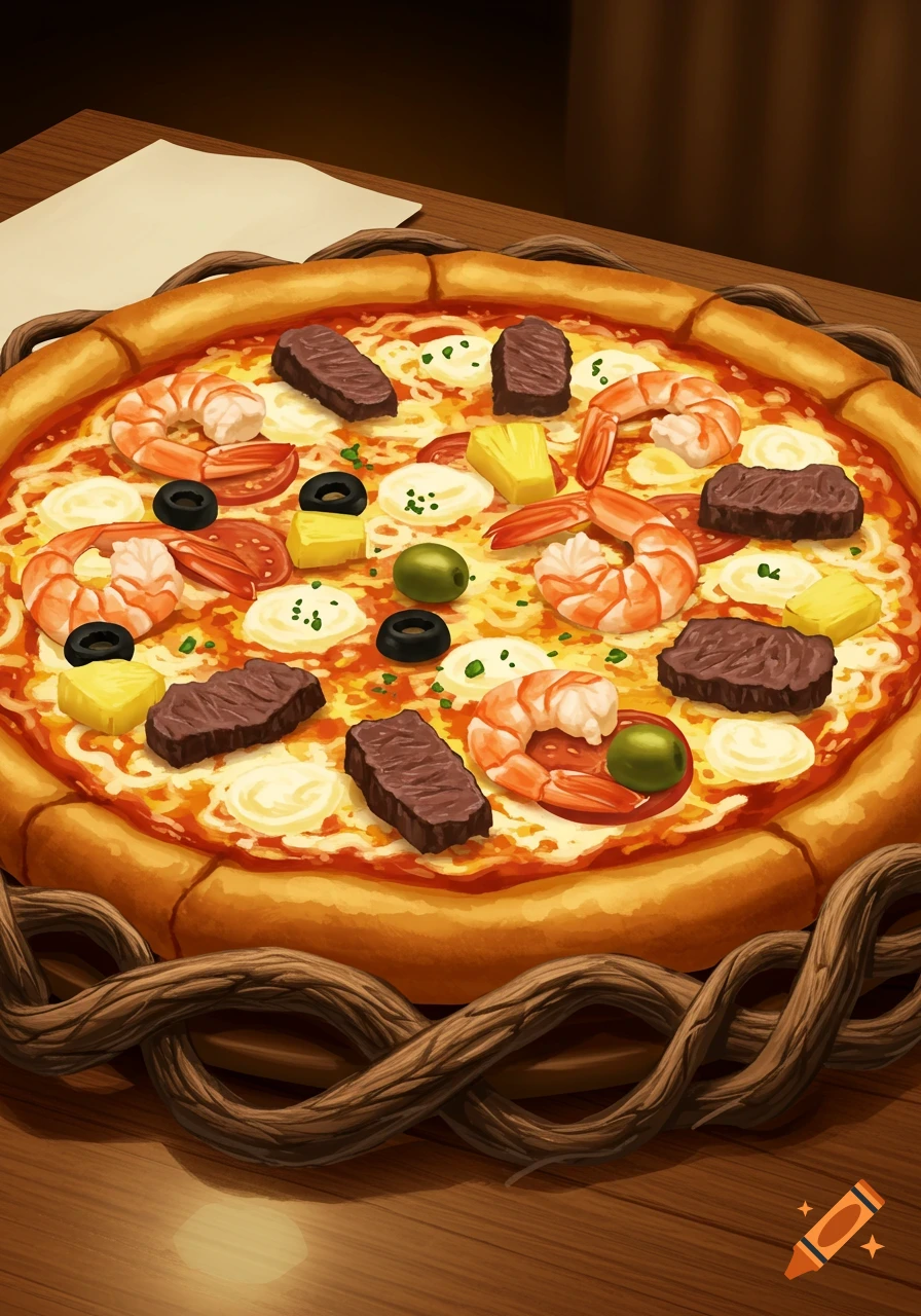 A detailed illustration of a pizza with shrimp, beef, olives, pineapple, and cheese, in a woven wooden basket on a table.