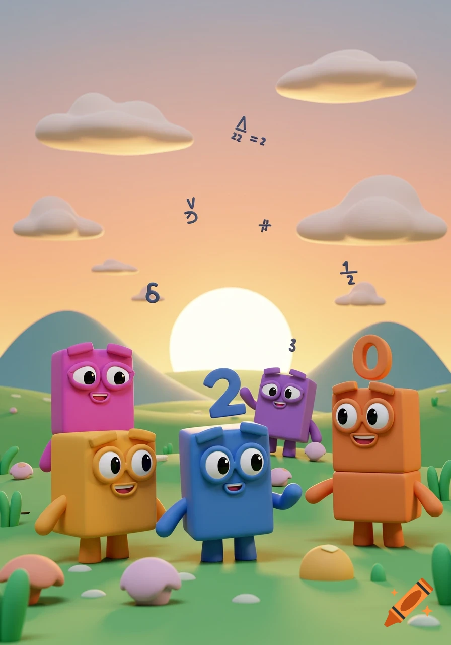 Colorful block-shaped Numberblocks characters stand on a green hill with a sunset background, surrounded by various floating numbers and math symbols.