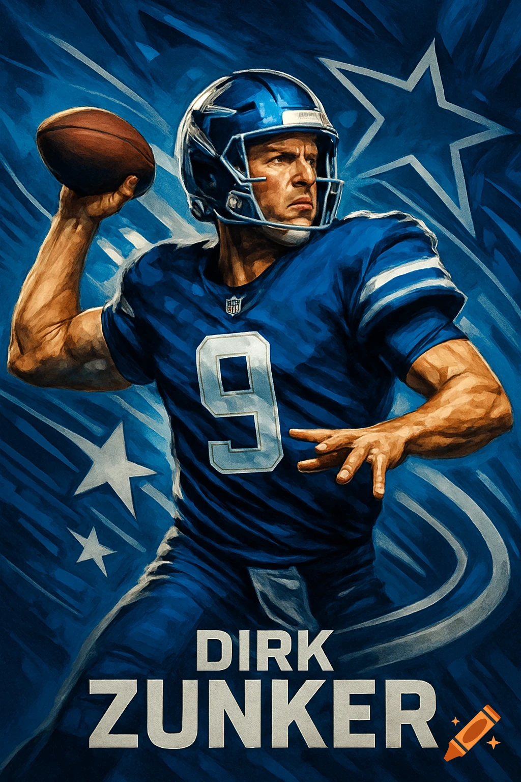 Digital art of a male football player in a blue jersey with number 9 and helmet, throwing a football. Blue background with stars.