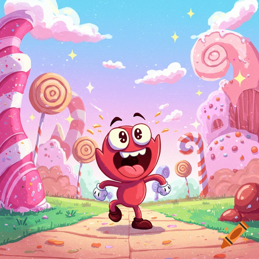 A happy red cartoon character skips through a vibrant, whimsical candy land filled with lollipops and sweet structures under a bright sky.