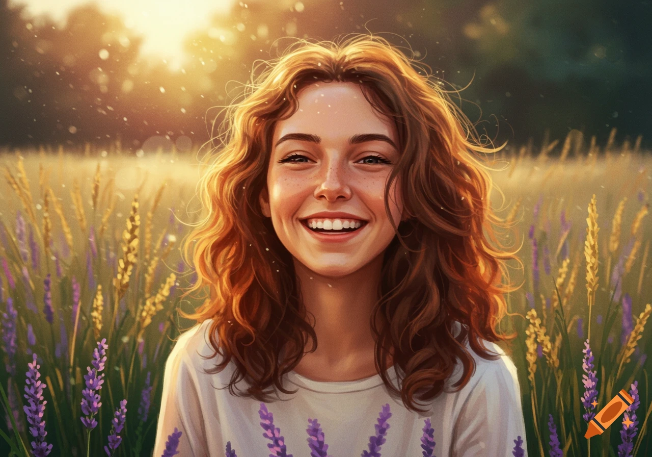 A red-haired girl with freckles smiles broadly in a sun-drenched field of lavender and wheat, digital art.