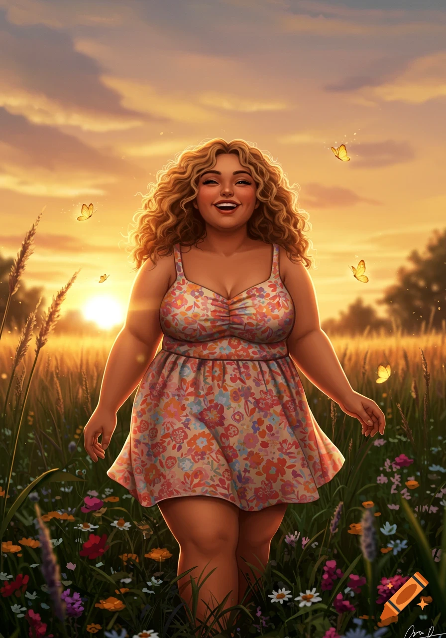 A smiling, curvy woman with curly hair walks through a vibrant field of wildflowers at sunset with butterflies in a stylized illustration.