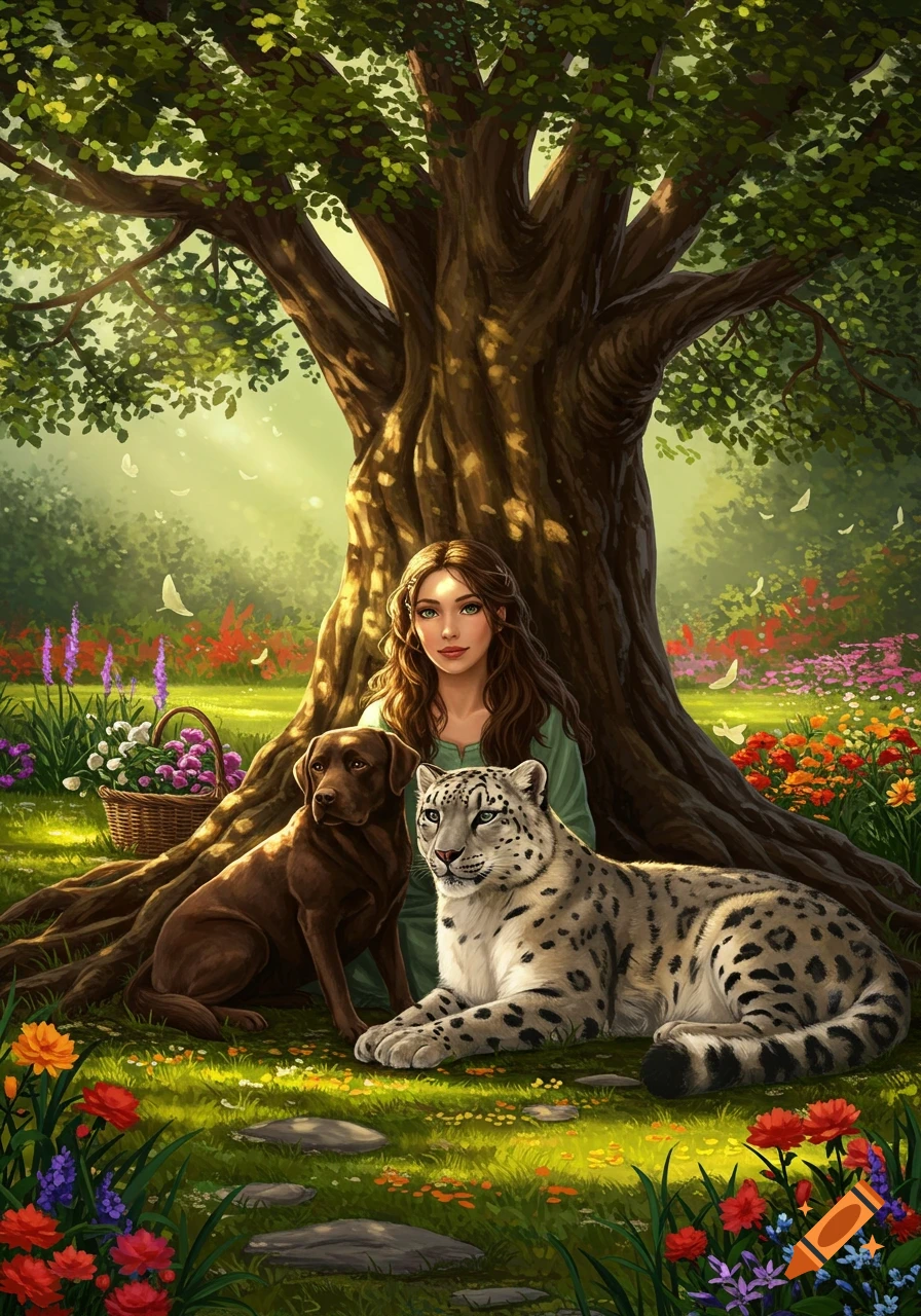 A woman with a brown Labrador and a snow leopard sitting under a large tree in a vibrant, flowery paradise garden, digital painting.