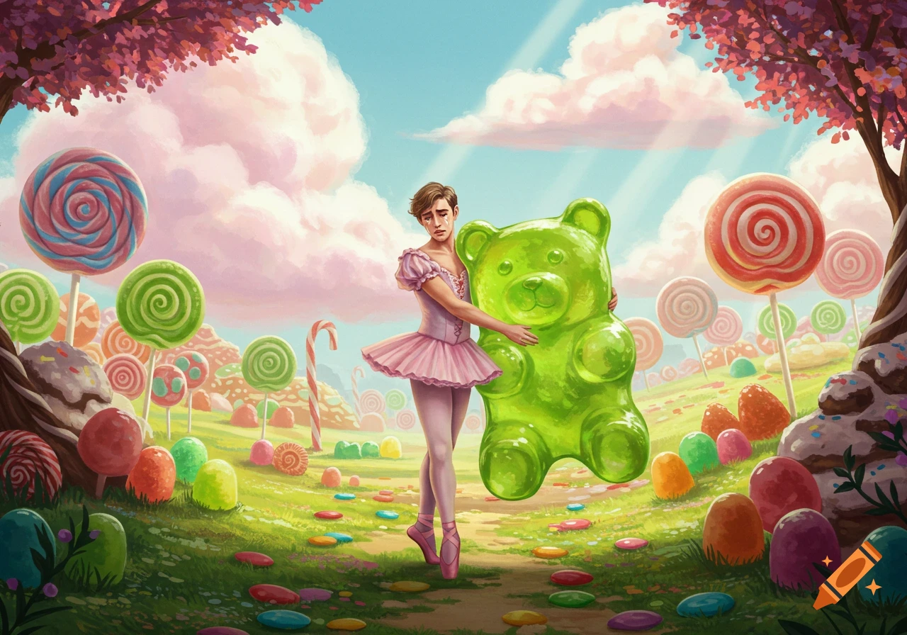 A crying man in a pink ballerina costume hugs a giant green gummy bear in a whimsical candy land with lollipops and colorful trees.