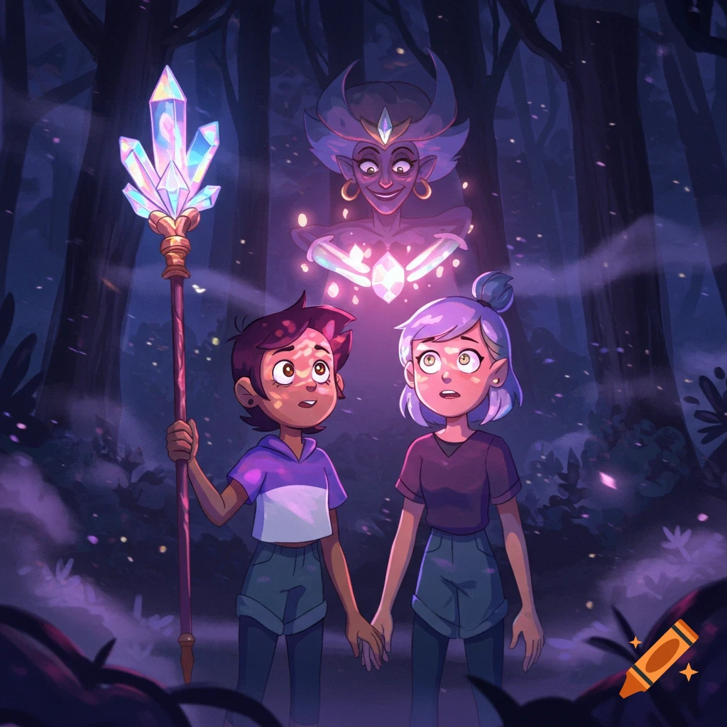 Cartoon characters Luz and Amity hold hands, looking up at a glowing, menacing figure in a dark, magical forest. Luz holds a crystal staff.
