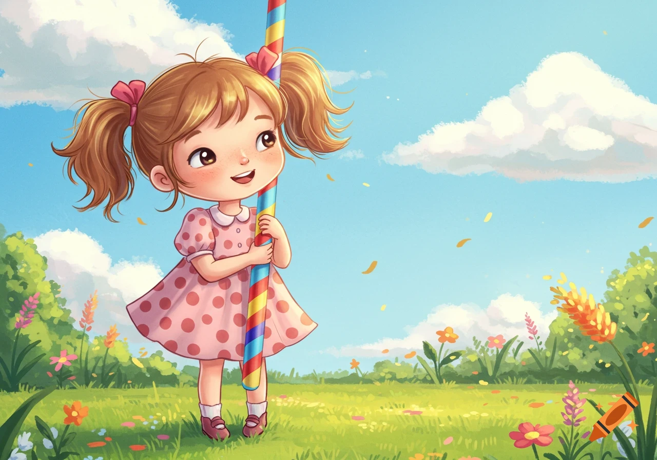 A cute cartoon girl with pigtails in a pink polka-dot dress holds a colorful striped pole in a vibrant green field with flowers under a blue sky.
