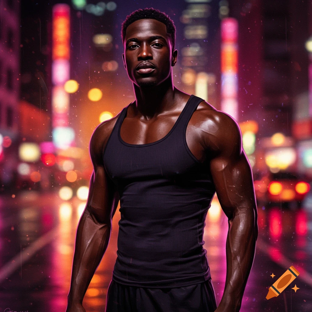 Photorealistic portrait of a muscular Black man in a black tank top, standing in a neon-lit city street at night.