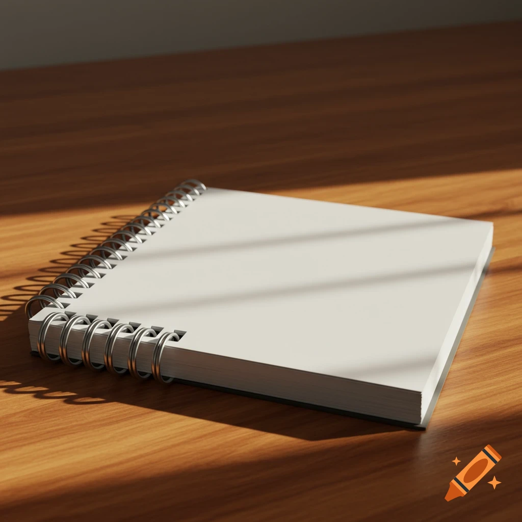 A blank spiral-bound notepad with white pages rests on a wooden table, partially illuminated by sunlight and shadow.