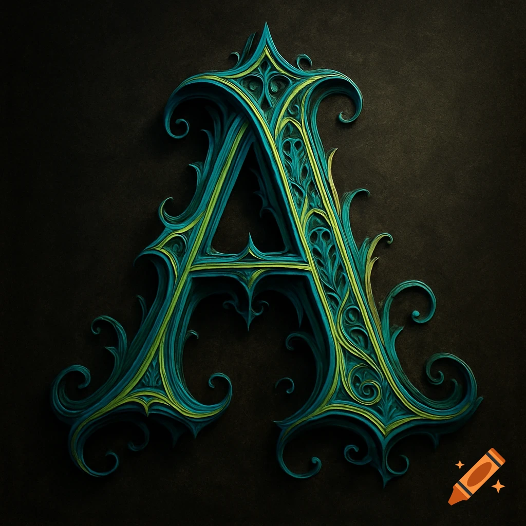 Ornate gothic letter A in teal and lime green on a dark background.