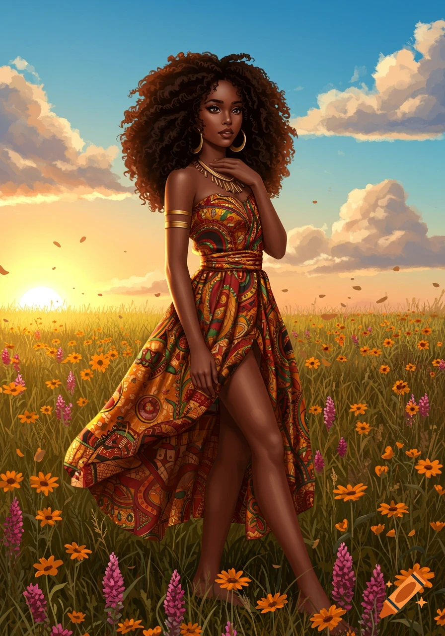 Illustrated Black woman with curly hair wearing a vibrant patterned dress, standing in a field of wildflowers at sunset.