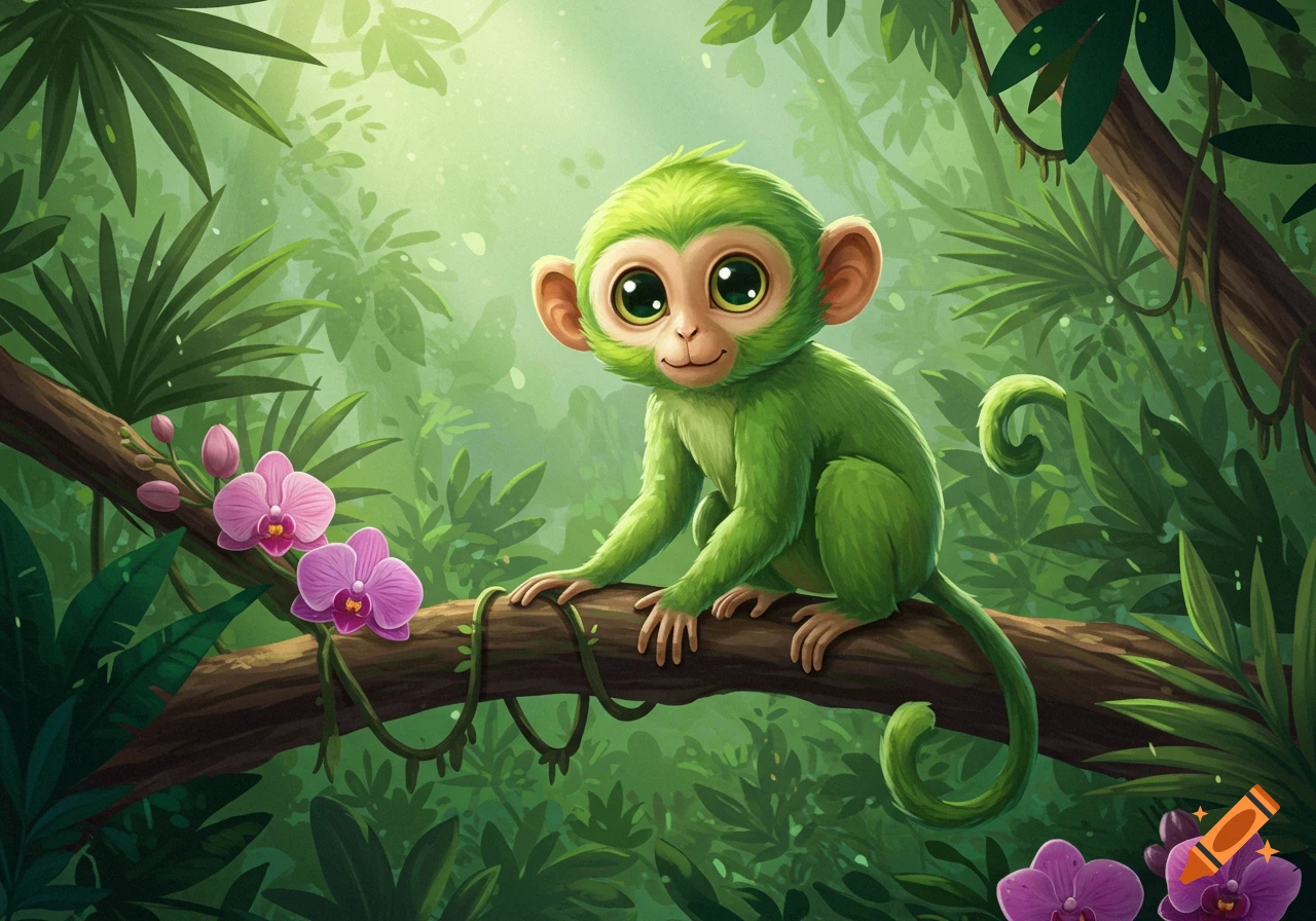 A cute, stylized green monkey with big eyes sits on a jungle branch adorned with pink orchids, surrounded by lush foliage.