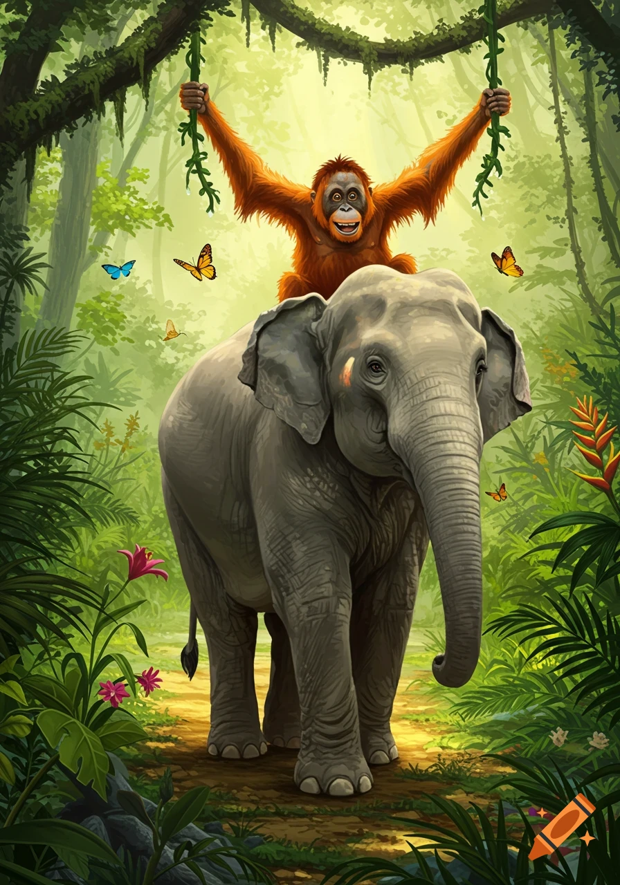 Vibrant illustration of an orangutan riding an elephant through a lush jungle, with butterflies.