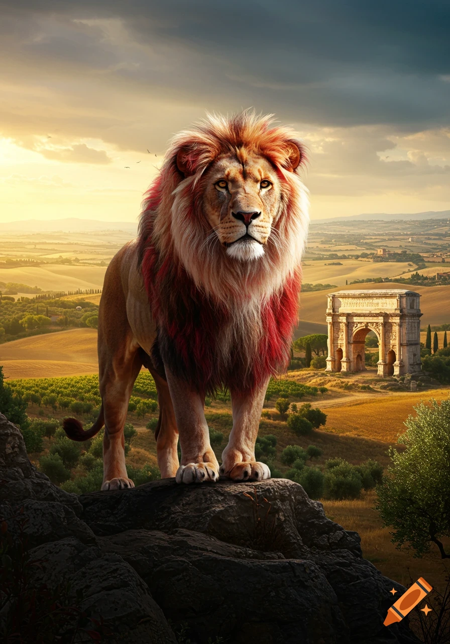 A lion with a red and gold mane stands on a rock overlooking a sunlit Italian landscape with an ancient arch.