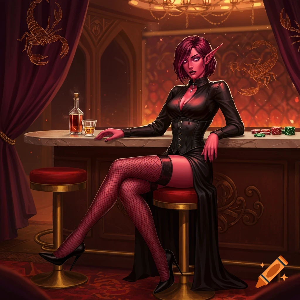 A red-skinned, crimson-haired female elf in a black corset and fishnet stockings sits at a bar in a fantasy gambling hall with scorpion motifs.