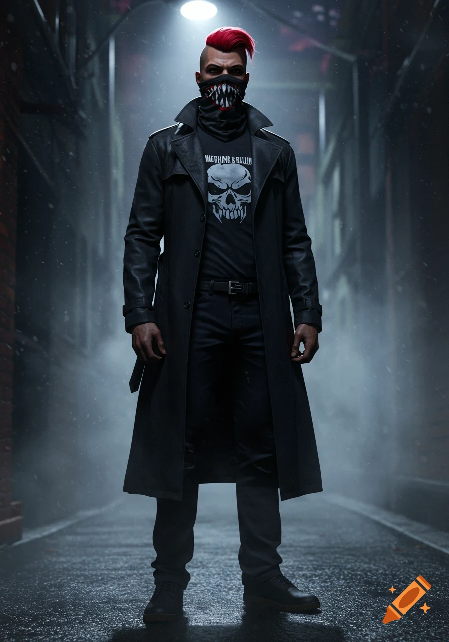 A man with a red mohawk and a fanged mask stands in a dark alley wearing a long black trench coat and a t-shirt with a skull emblem.