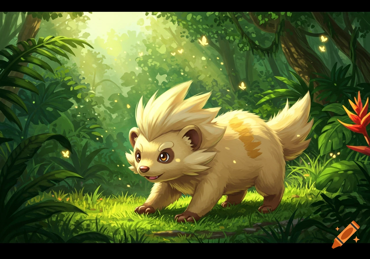 A cute, cream-colored Yungoose-like Pokemon in a bright, sunlit jungle with green foliage and glowing butterflies.