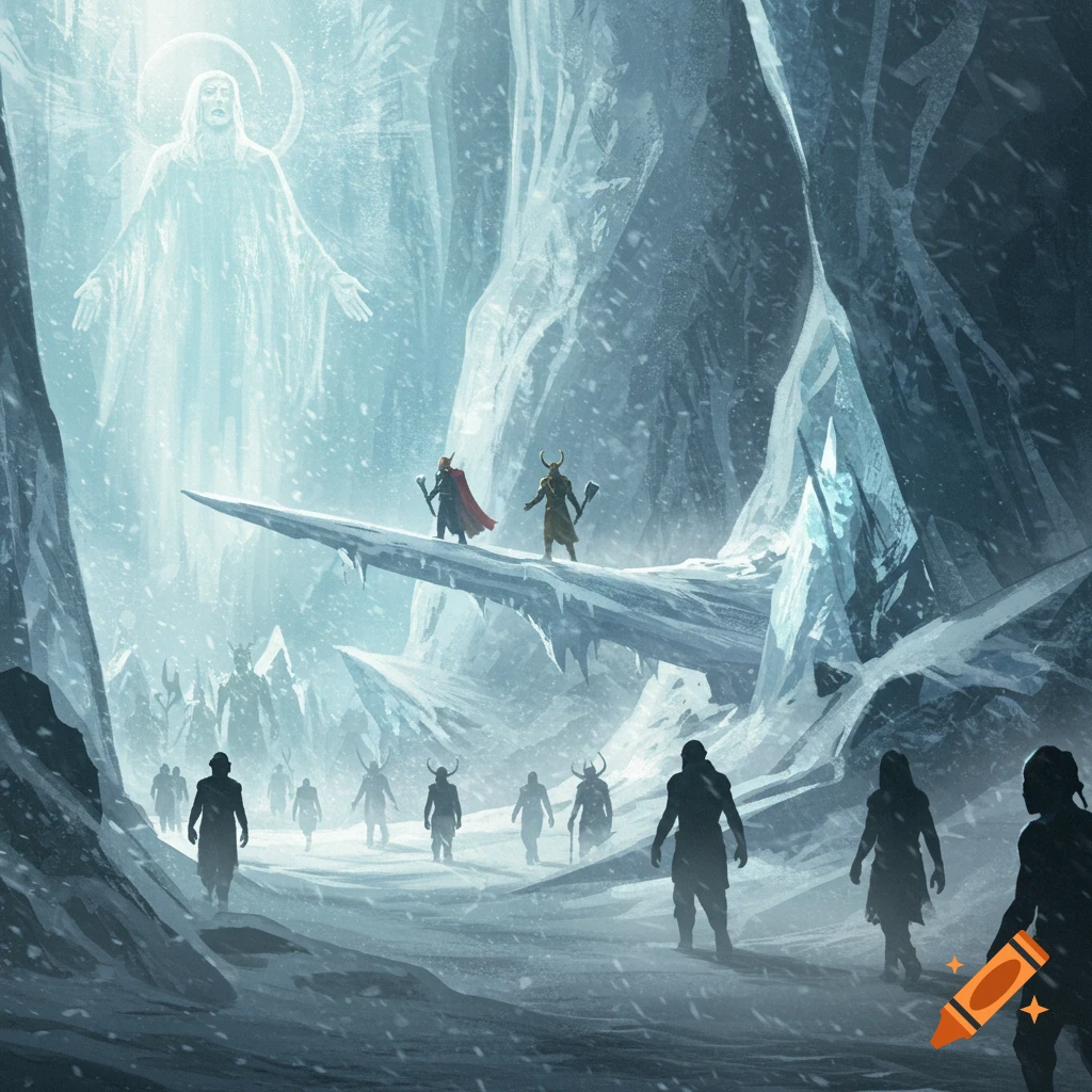 Thor and Loki on an ice bridge in a frozen cave, facing an ethereal glowing figure as horned creatures emerge from below, digital art.