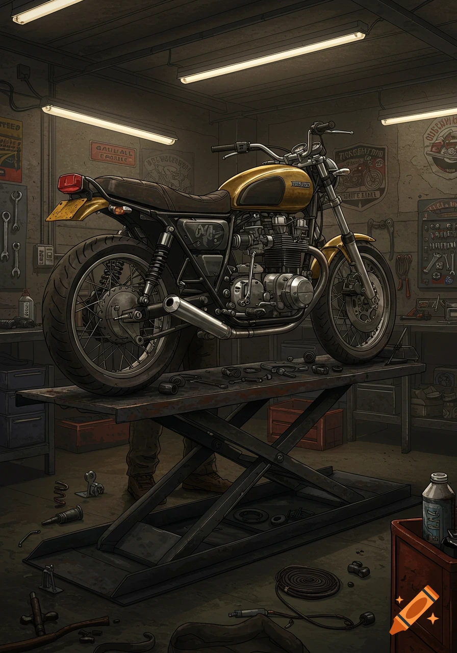 Illustrated classic gold motorcycle on a repair lift in a cluttered, dimly lit garage with tools and signs.
