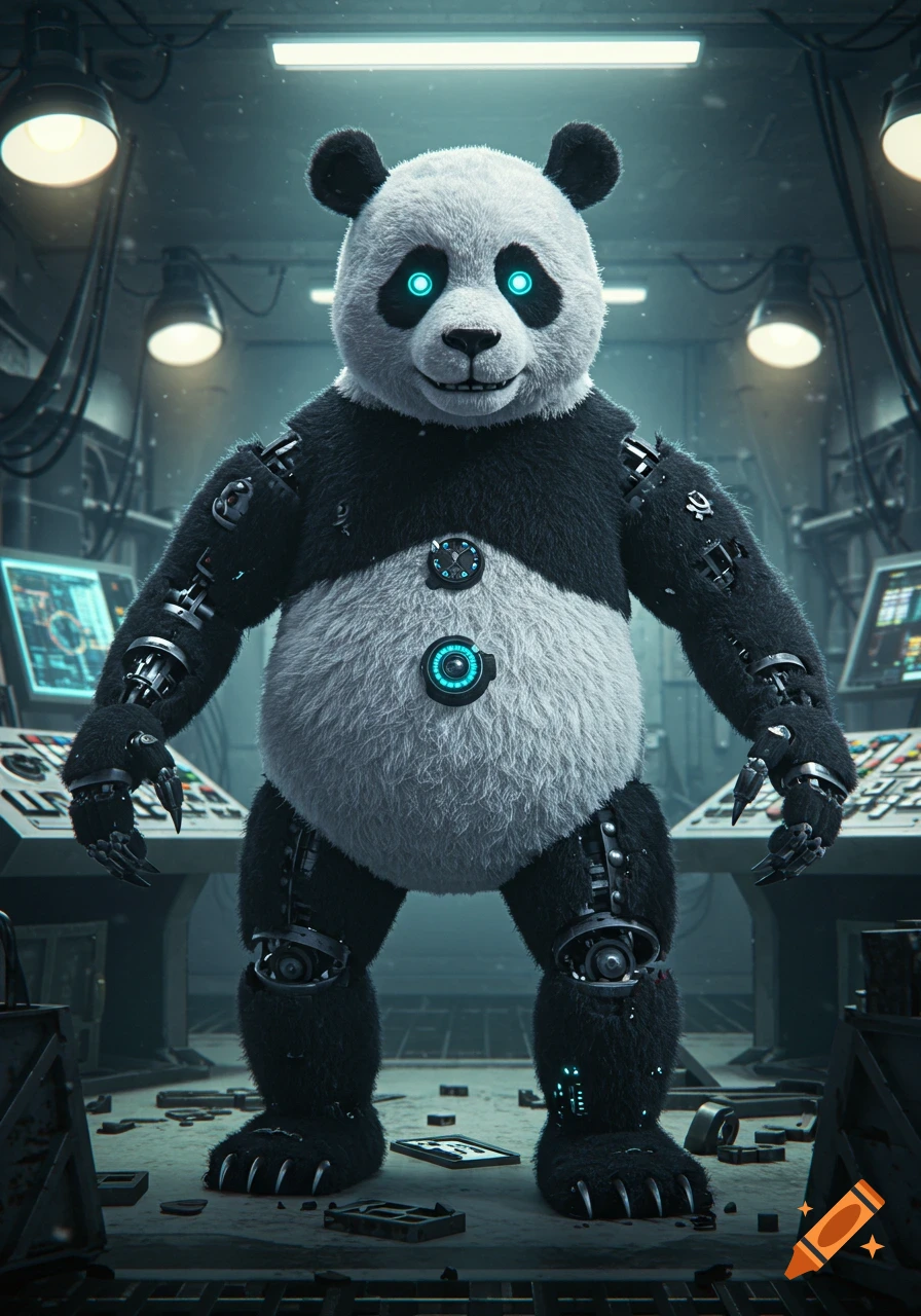 A photorealistic animatronic panda with glowing blue eyes and exposed mechanical parts stands in a dimly lit, cluttered lab.