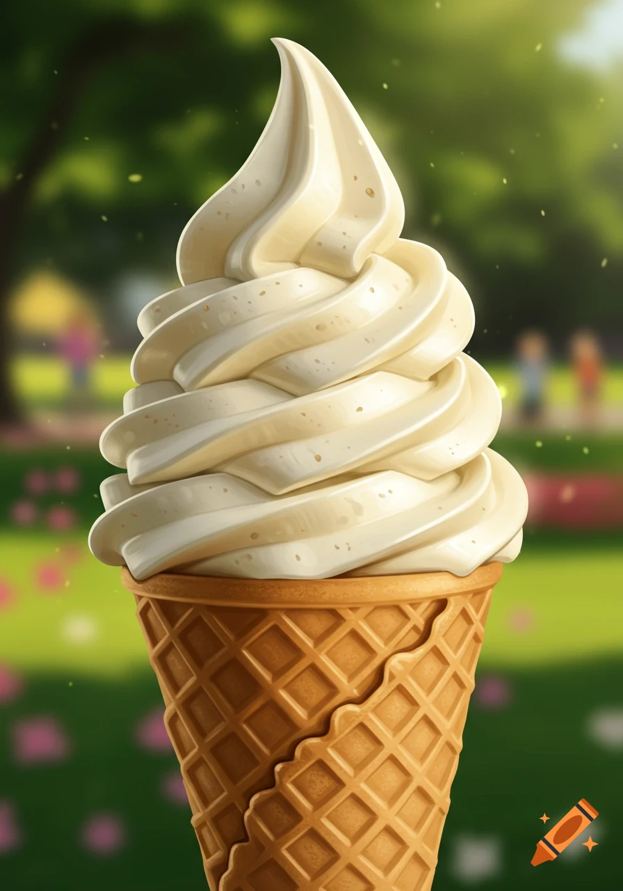 A vanilla soft-serve ice cream cone in a waffle cone, set against a blurred green park background.
