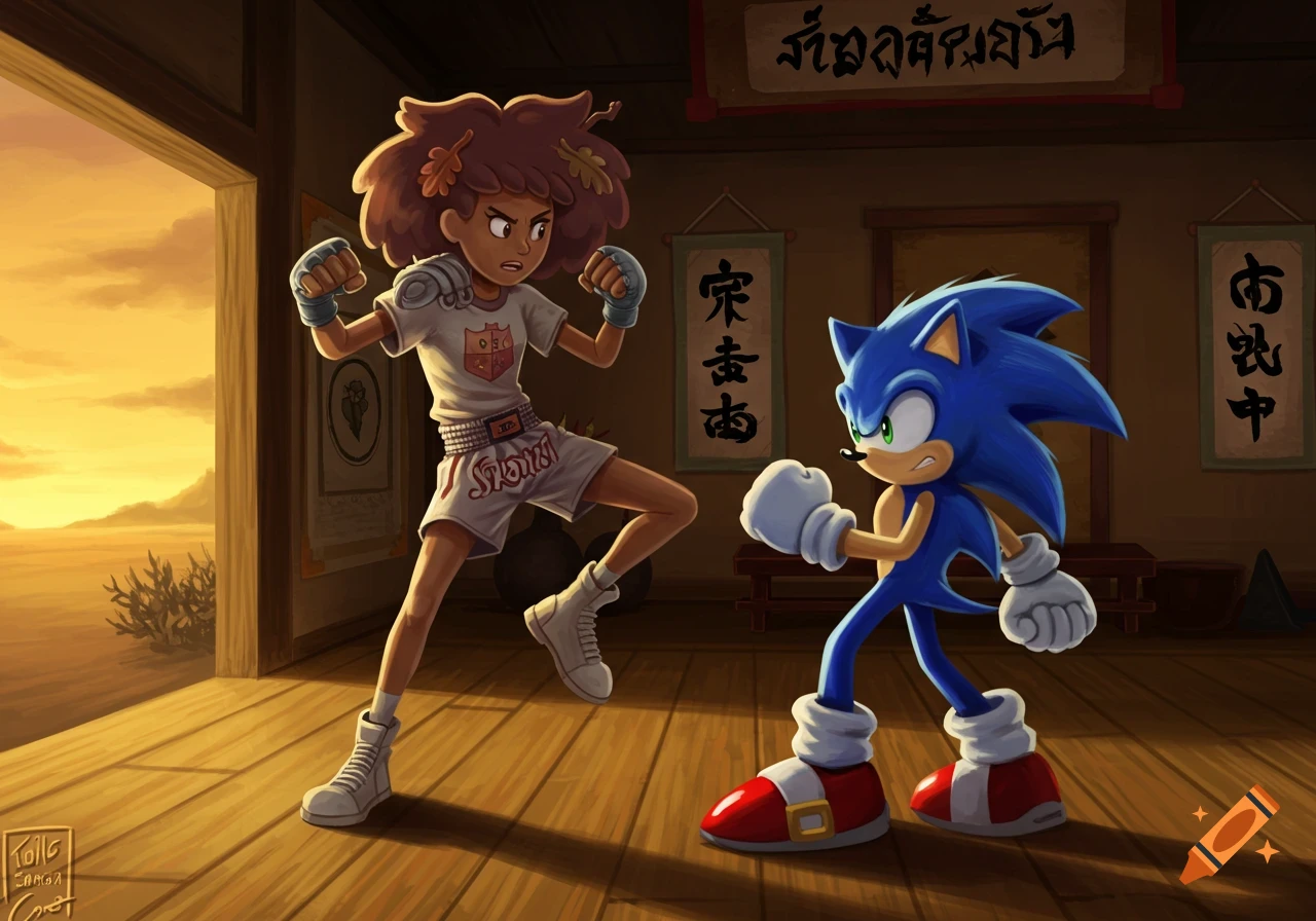 Anne Boonchuy and Sonic the Hedgehog face each other in fighting stances inside a martial arts studio with a sunset view outside. It is a vibrant cartoon illustration.