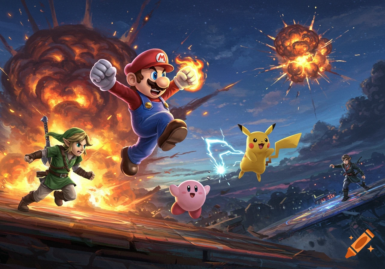 Mario, Link, Pikachu, and Kirby leap through an explosive, dynamic Super Smash Bros. battle scene in a vibrant illustration.