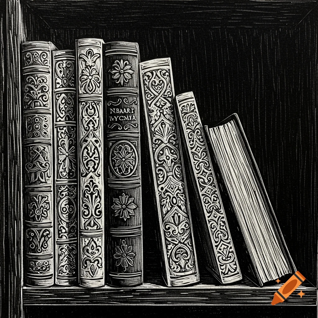 Black and white linocut illustration of a bookshelf with several decorative books, one featuring stylized, illegible text.